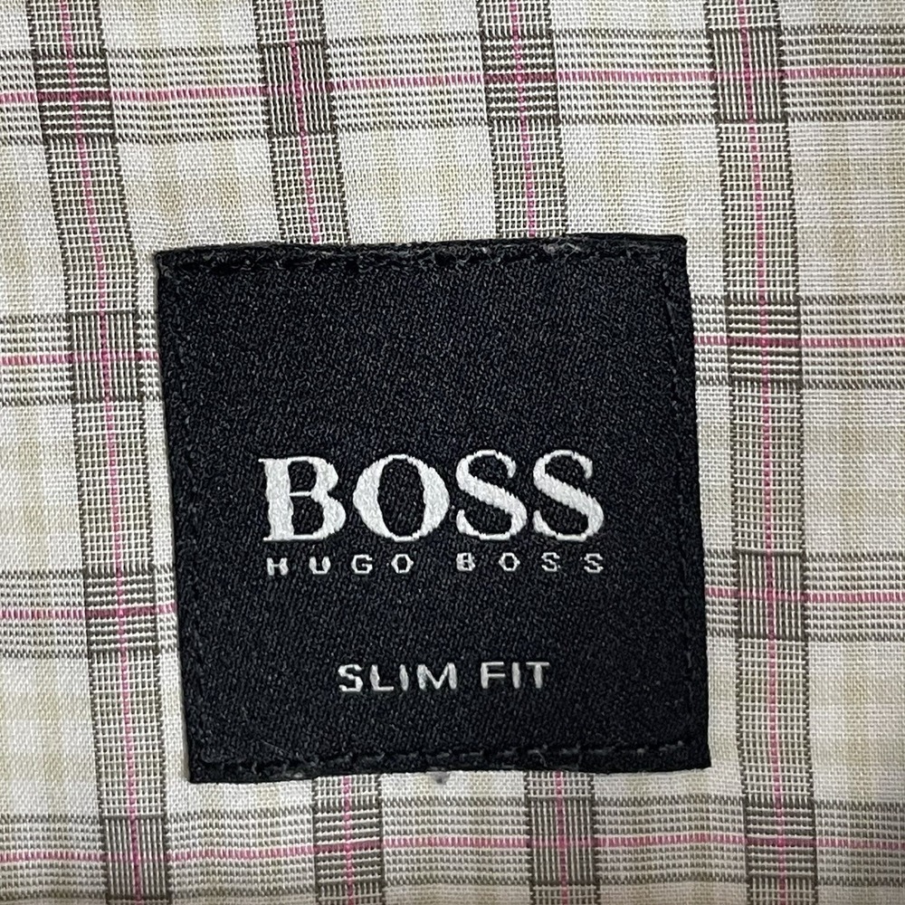 BOSS Hugo Boss Preston Shirt Mens Large Tan Plaid Slim Fit Long Sleeve Button Up - Picture 10 of 11